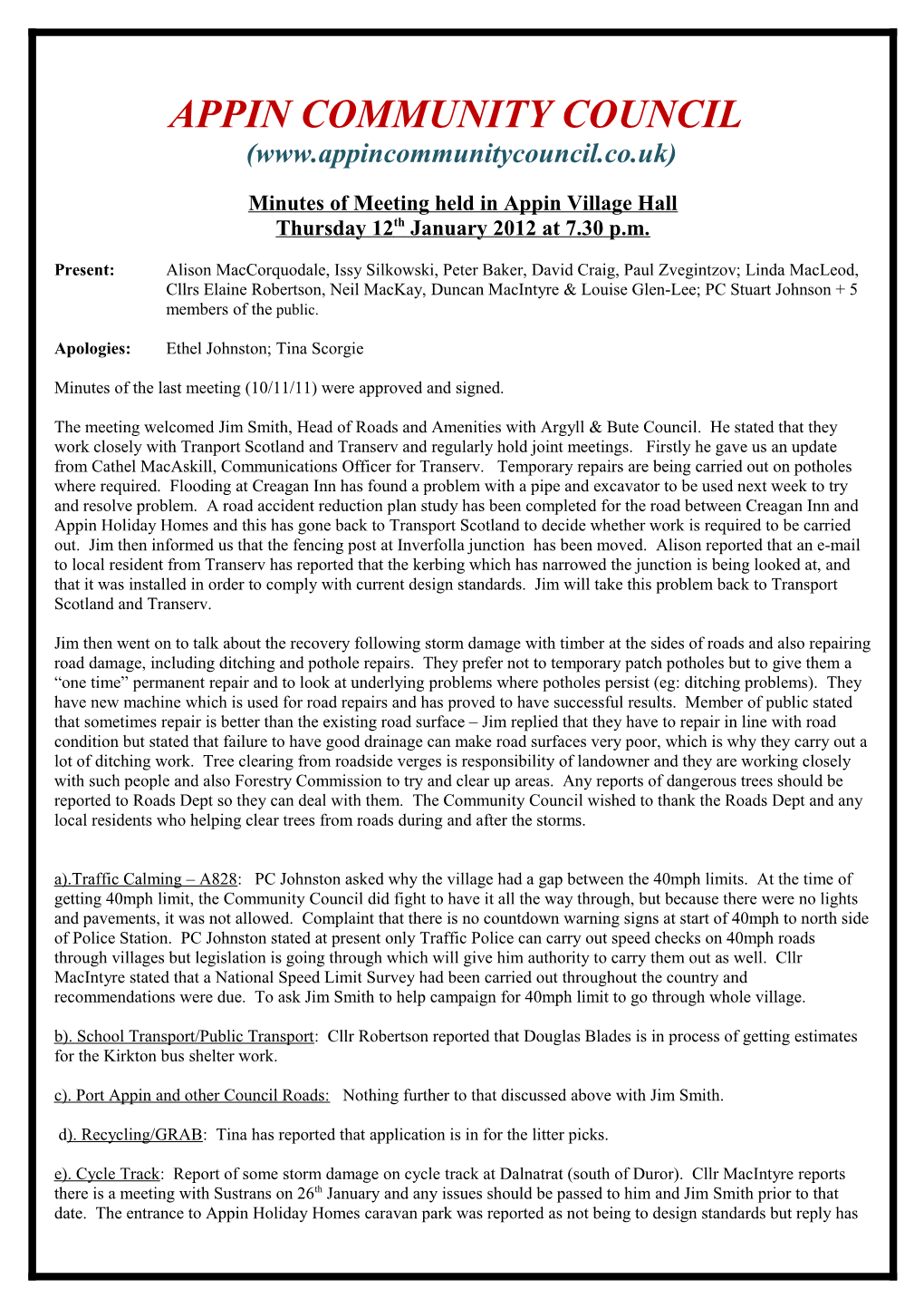 Minutes of Meeting Held in Appin Village Hall on Thursday 11 January 2007 at 7