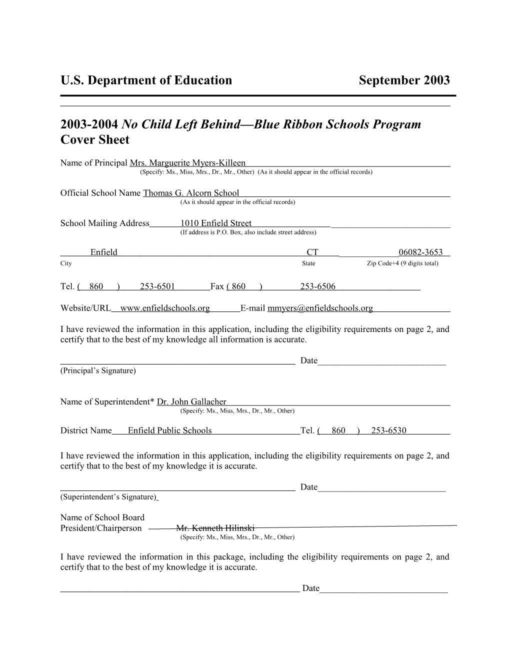 Thomas G. Alcorn School 2004 No Child Left Behind-Blue Ribbon School Application (Msword)