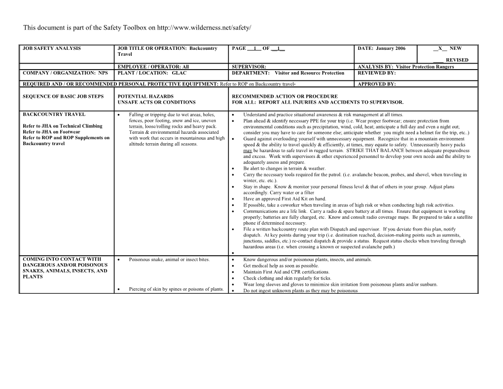 Job Hazard Analysis - Backcountry Travel