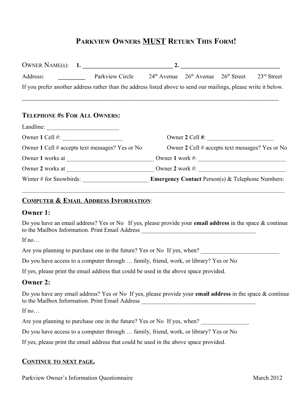 Parkview Owners MUST Return This Form!
