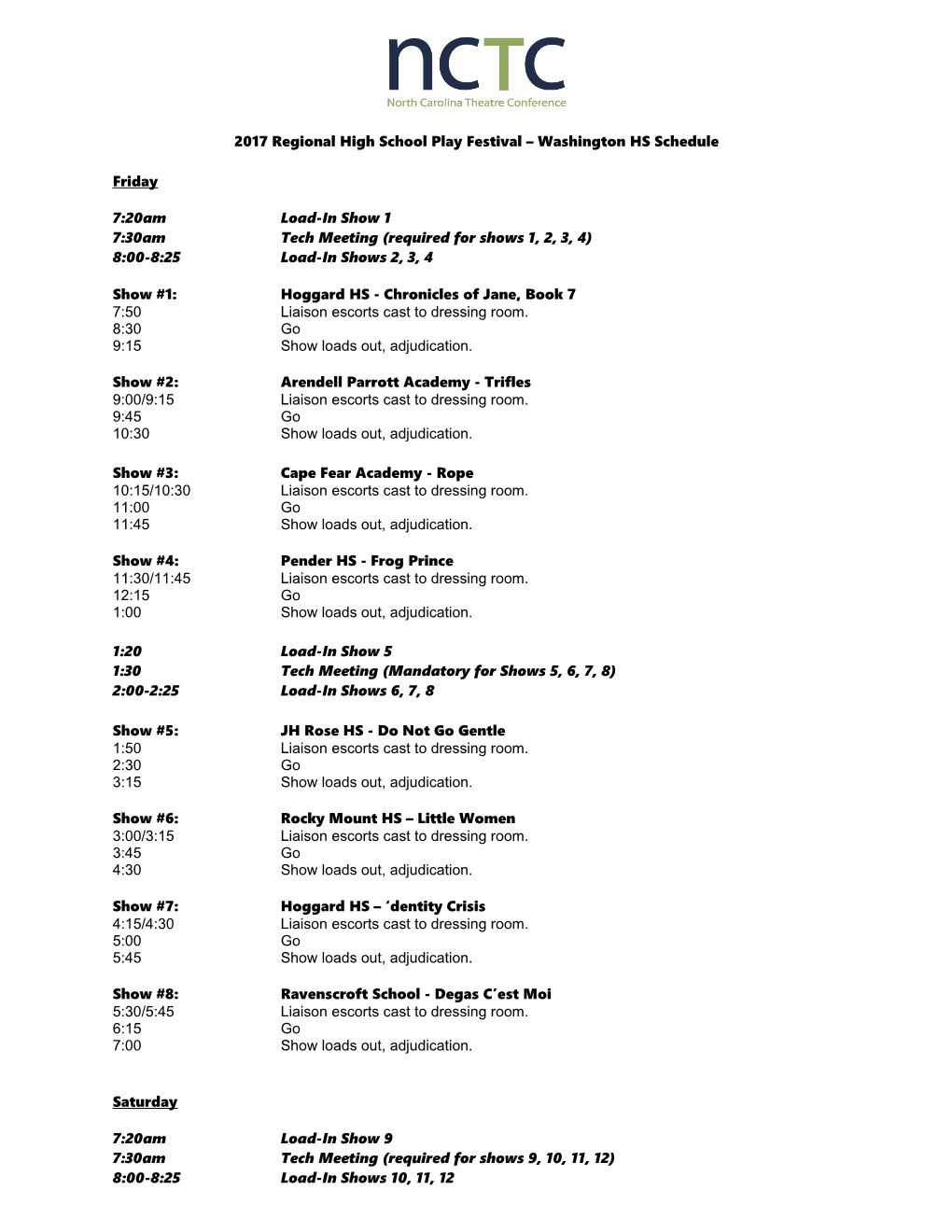 2017 Regional High School Play Festival Washington HS Schedule