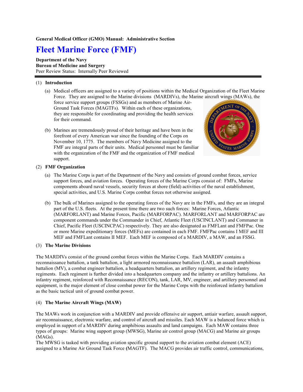 General Medical Officer (GMO) Manual: Fleet Marine Force (FMF)