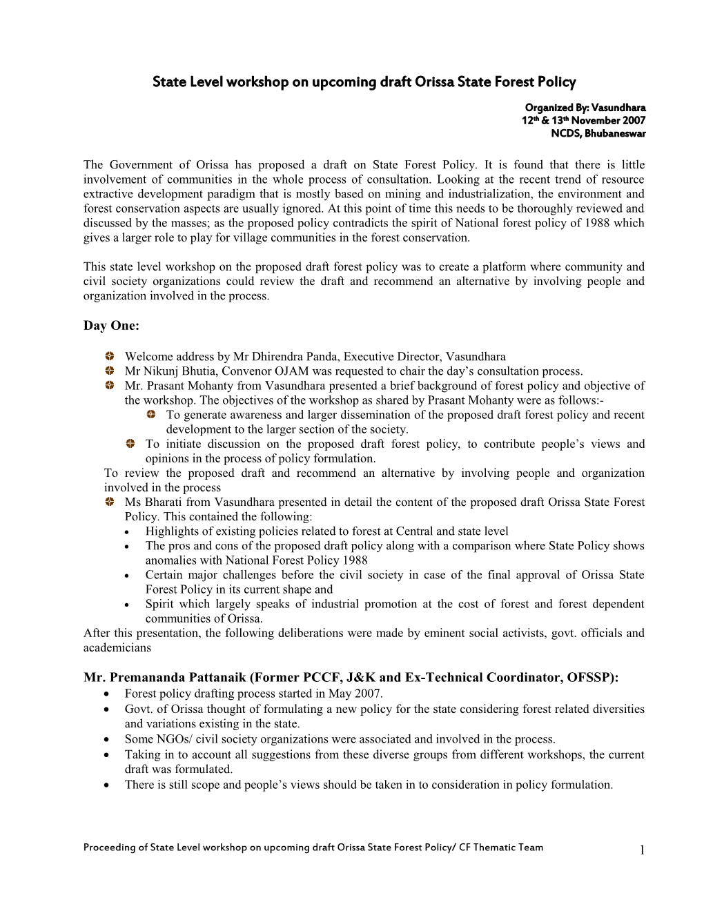 State Level Workshop on Upcoming Draft Orissa State Forest Policy