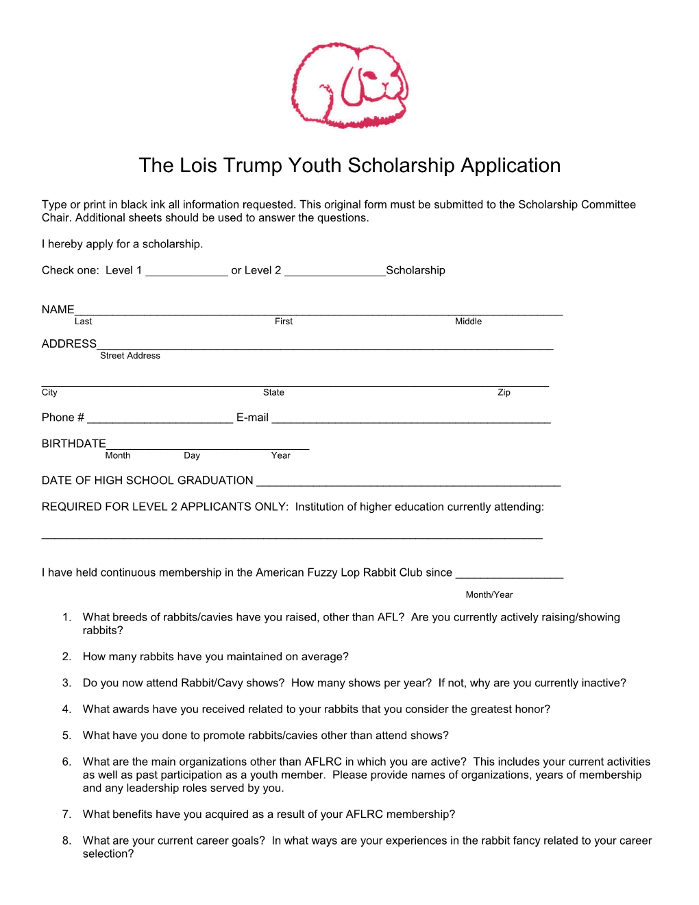 The Lois Trump Youth Scholarship Application