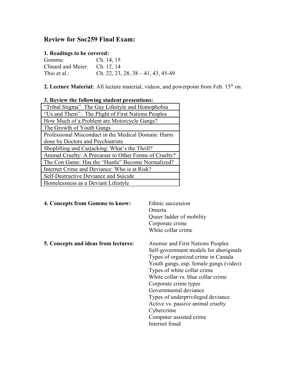 Review for Soc259 Final Exam