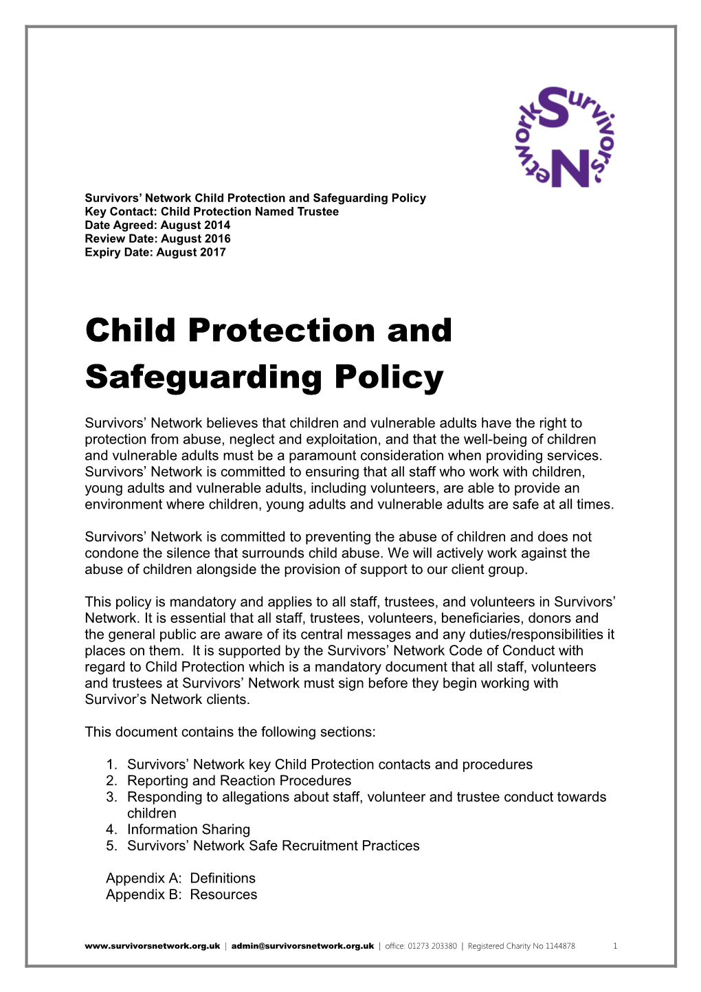 Survivors Network Child Protection and Safeguarding Policy