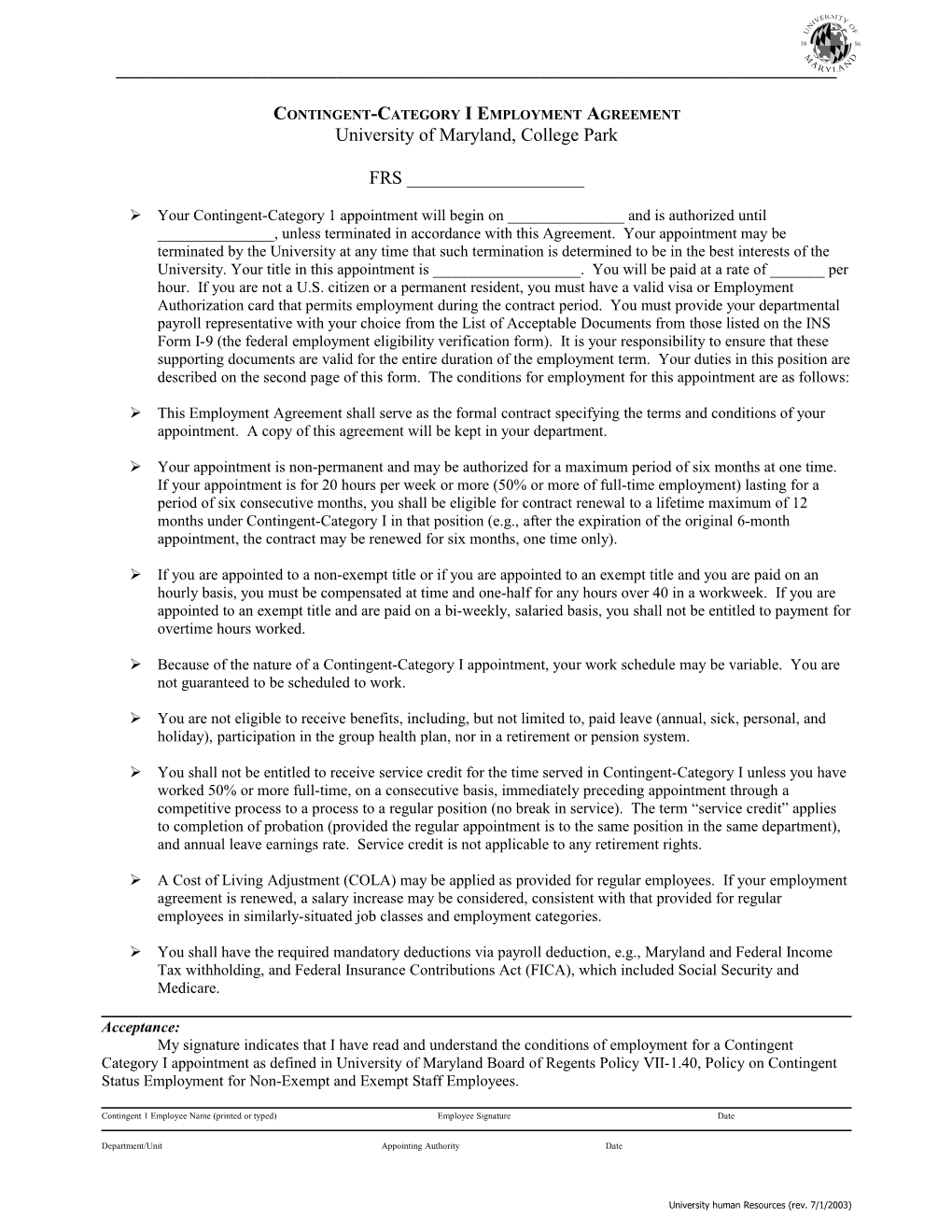 Contingent-Category I Employment Agreement