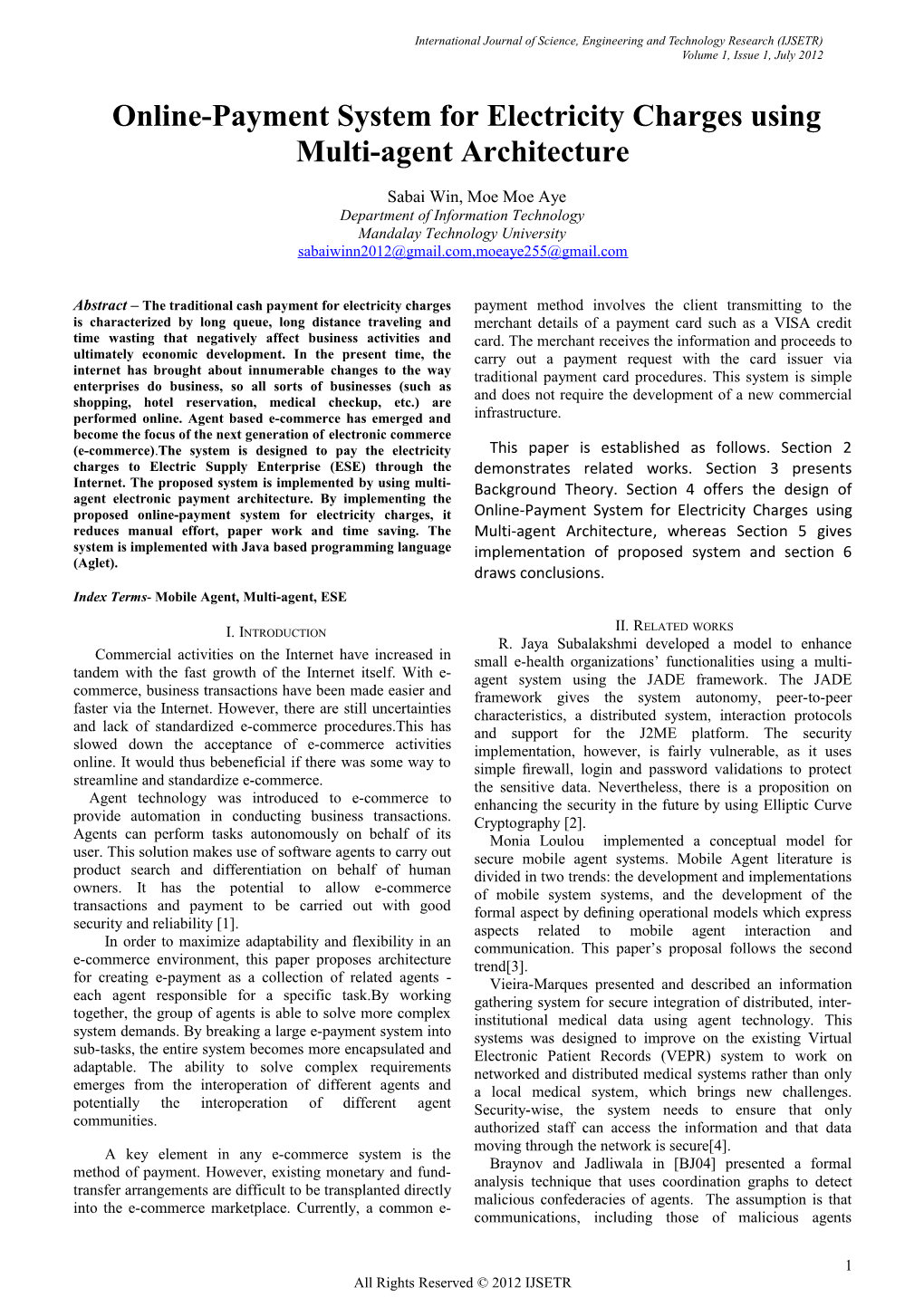 Online-Payment System for Electricity Charges Using Multi-Agent Architecture