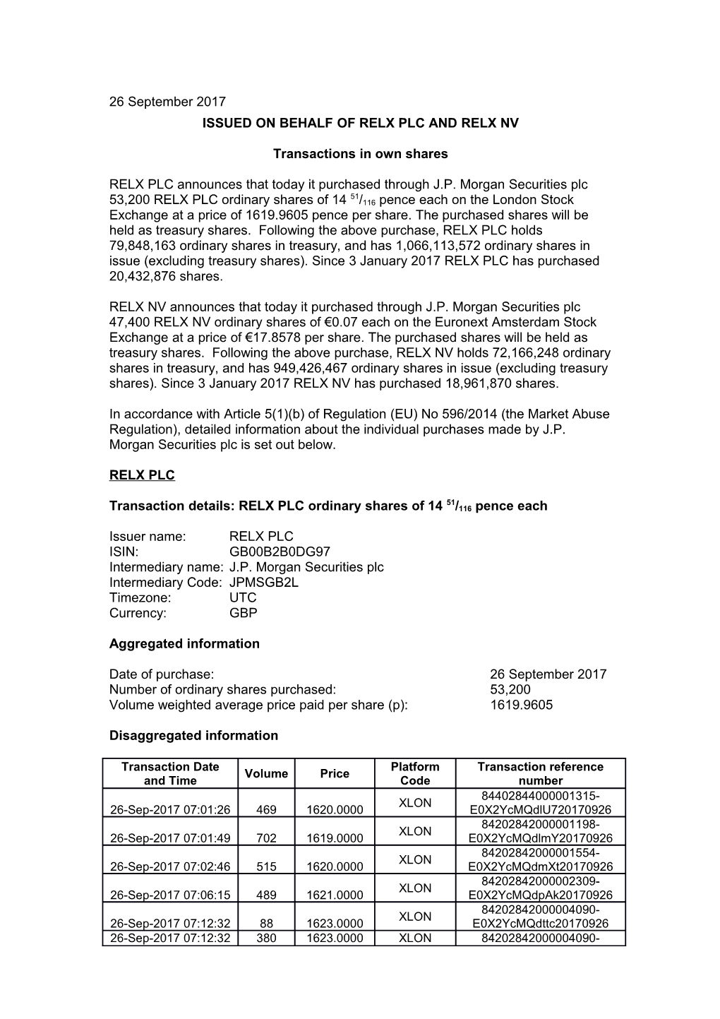 Issued on Behalf of Relx Plc and Relx Nv