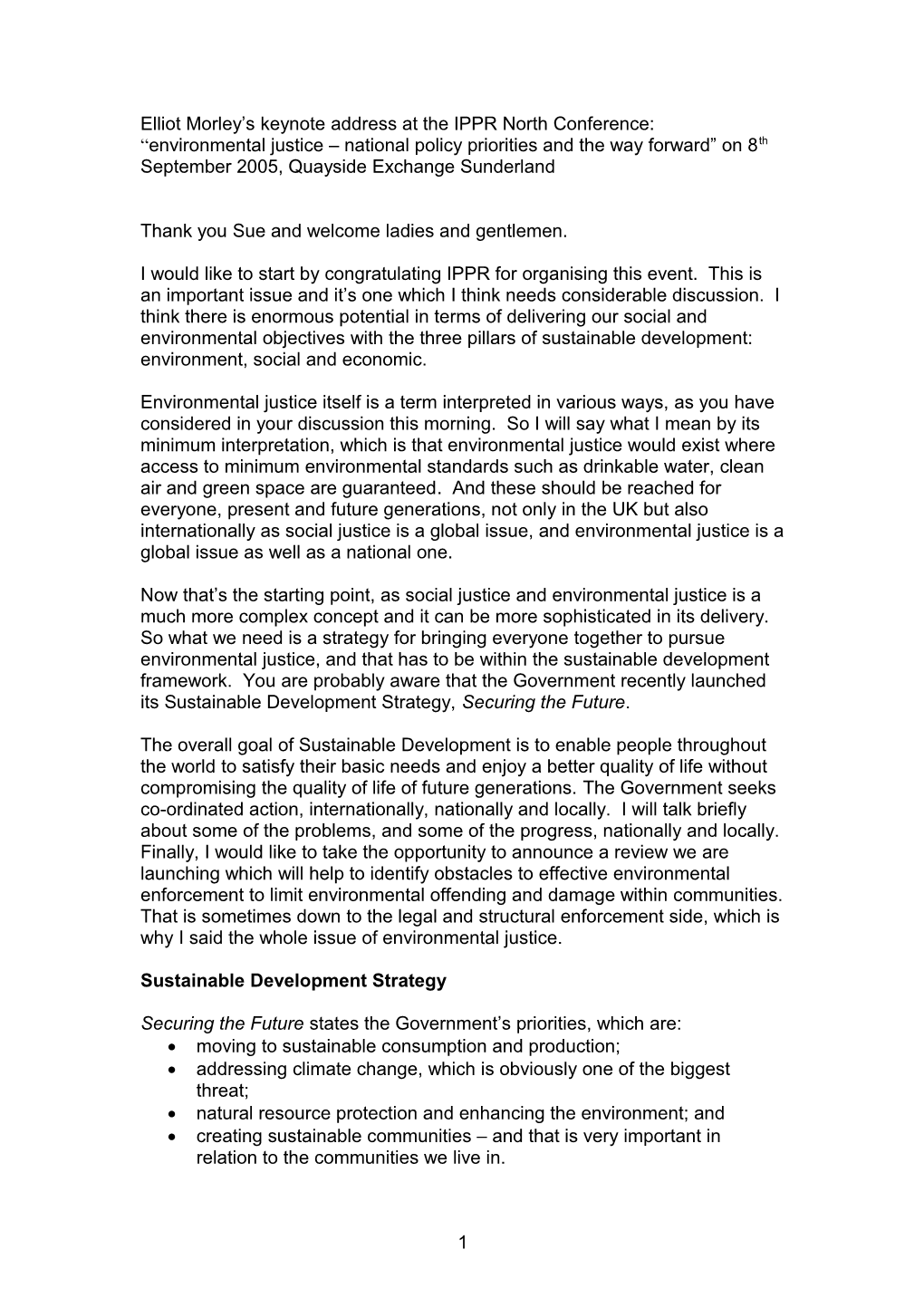 Draft Speech for Elliot Morley to Give at the Ippr North Conference on Environmental Justice