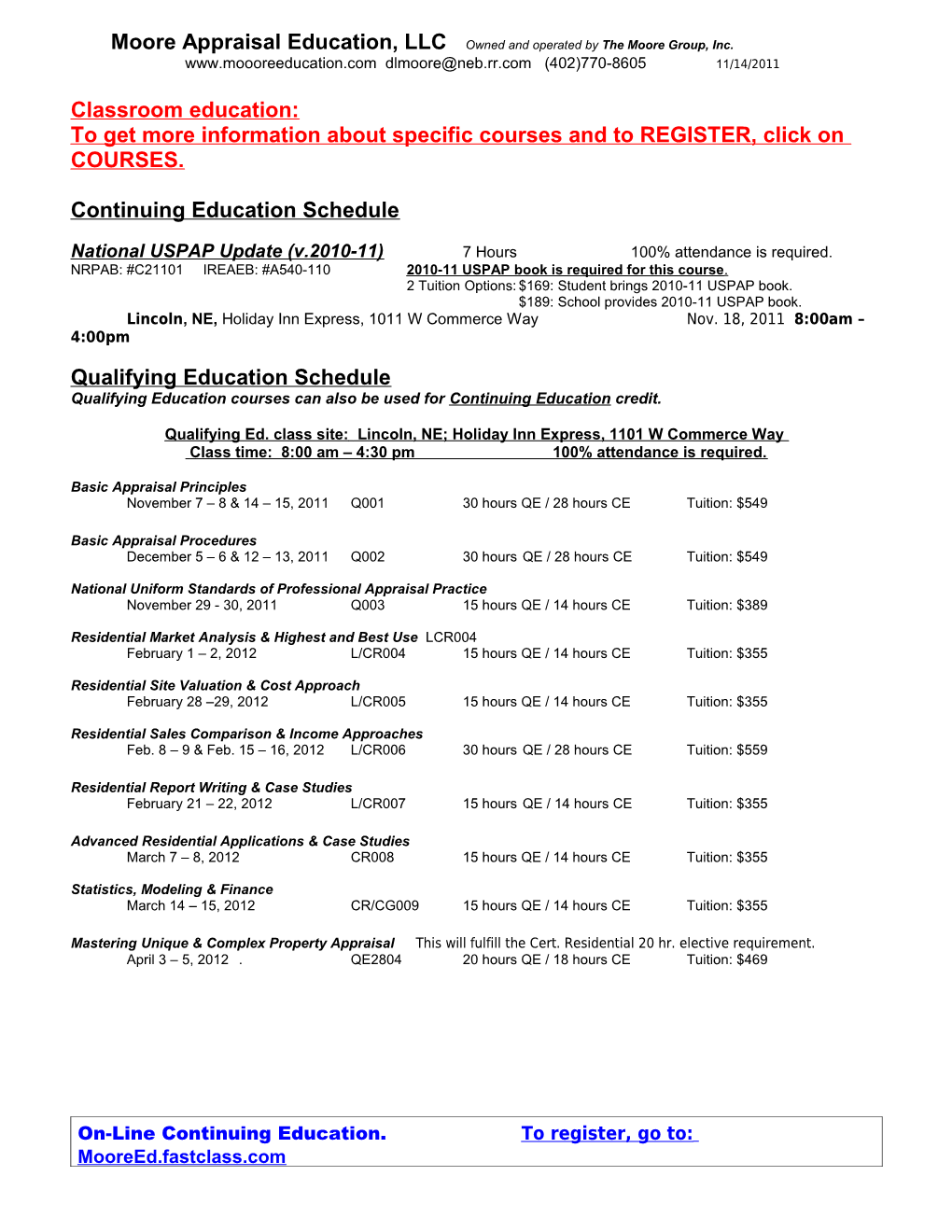 Moore Appraisal Education, LLC 3/29/10