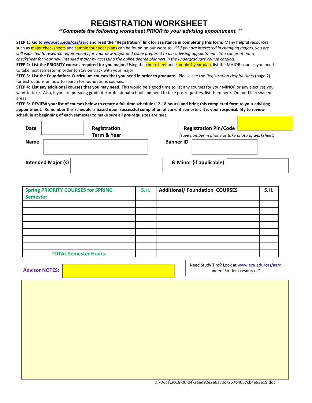 Complete the Following Worksheet PRIOR to Your Advising Appointment