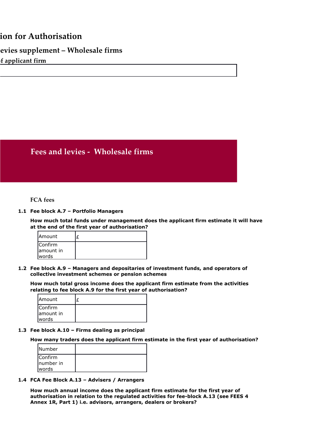 Fees and Levies Wholesale Form