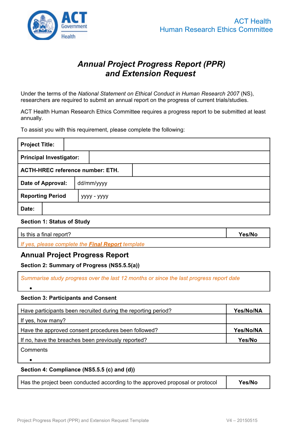 Annual Project Progress Report (PPR)