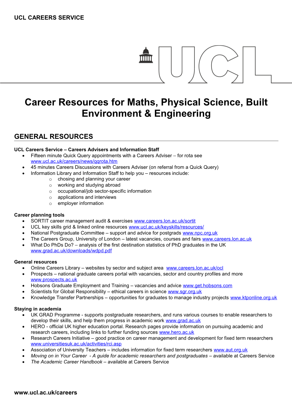 Career Resources for Maths, Physical Science, Built Environment & Engineering