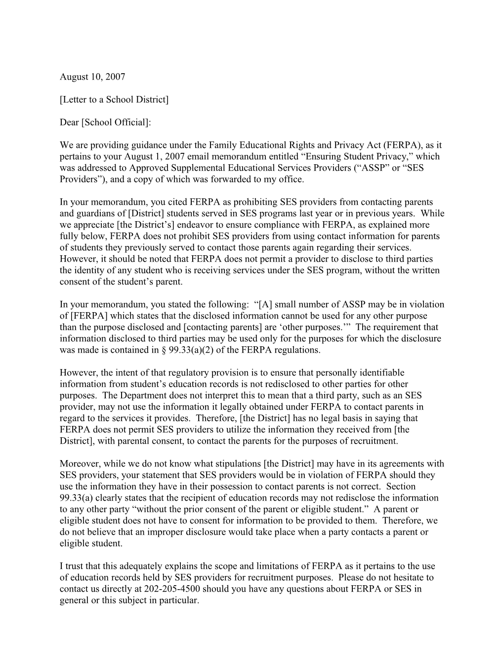 Letter to School District Re:SES Providers Contacting Parents 8/9/07 (MS Word)
