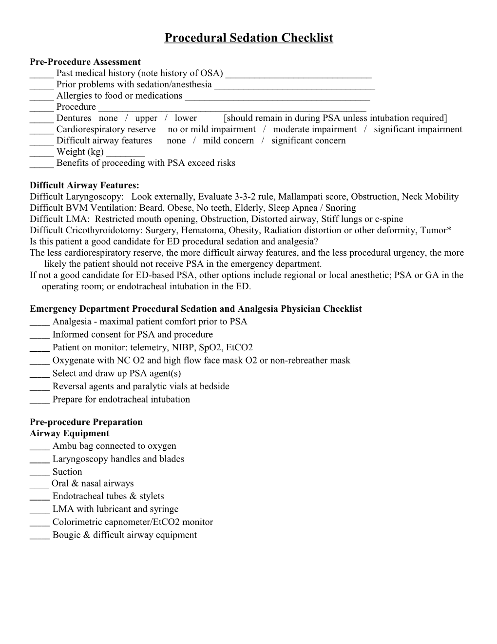 Procedural Sedation Checklist