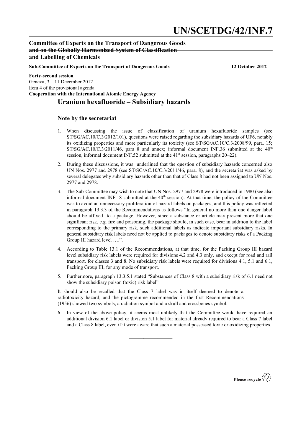 Uranium Hexafluoride Subsidiary Hazards