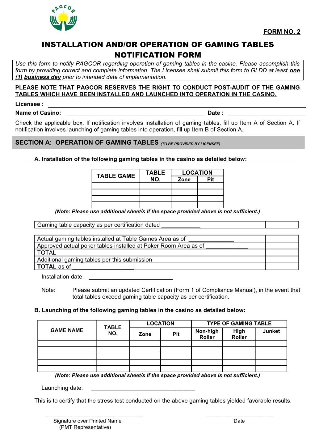 Installation And/Or Operation of Gaming Tables Notification Form
