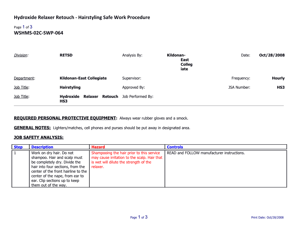 SWP-064 Hydroxide Relaxer Retouch - Hairstyling Safe Work Procedure