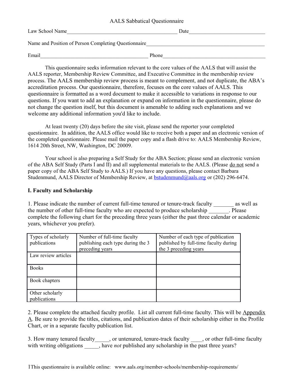 AALS Sabbatical Questionnaire