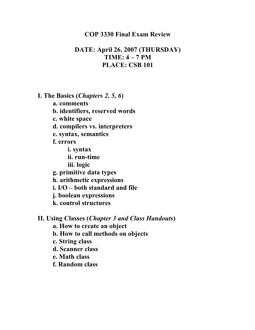 COP 3330 Final Exam Review