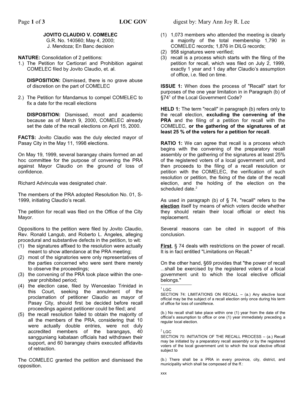 Page 1 of 3LOC GOV Digest By: Mary Ann Joy R. Lee