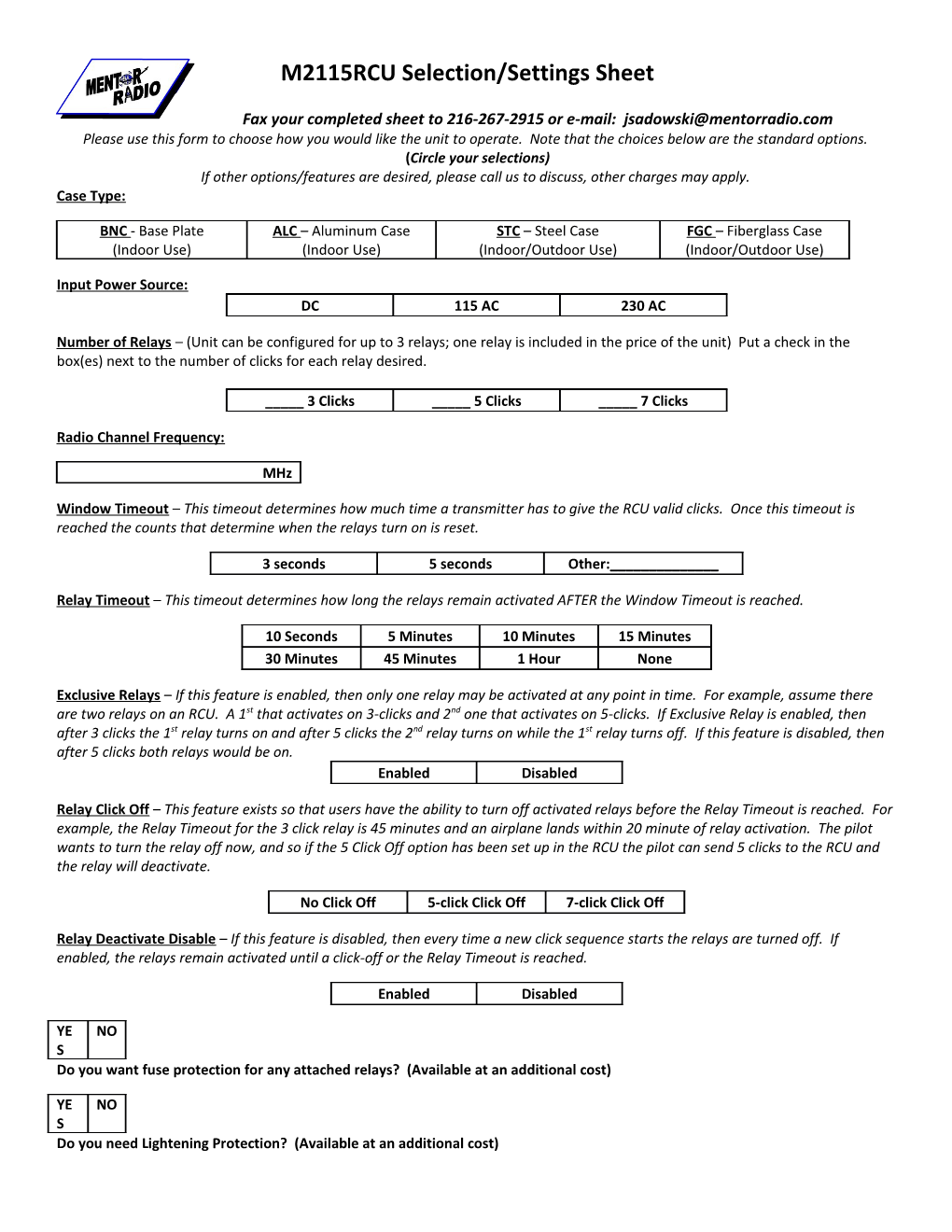 Fax Your Completed Sheet to 216-267-2915 Or E-Mail