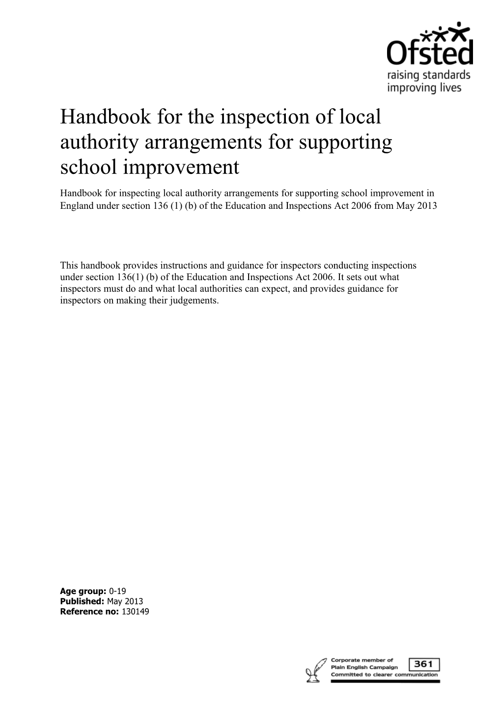 Handbook for the Inspection of Local Authority Arrangements for Supporting School Improvement