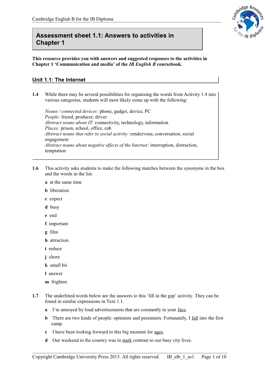 Assessment Sheet 1.1: Answers to Activities in Chapter 1