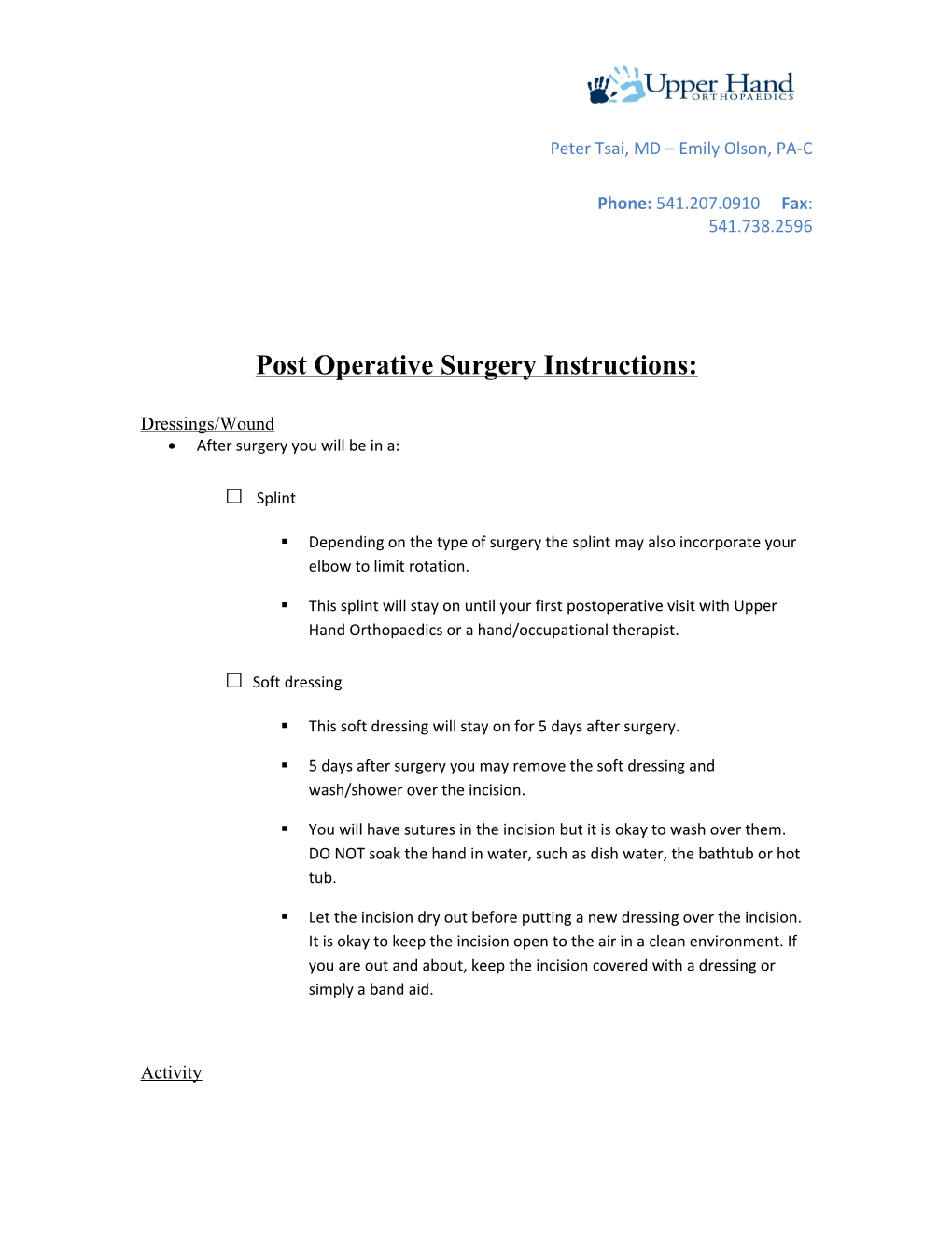 Post Operative Surgery Instructions