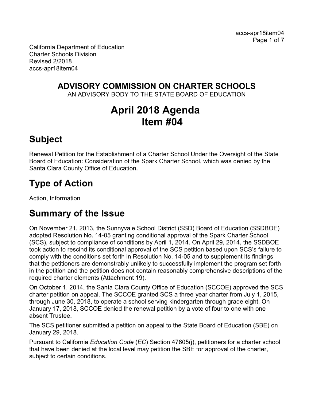 April 2018 ACCS Agenda Item 04 - Advisory Commission on Charter Schools (CA State Board