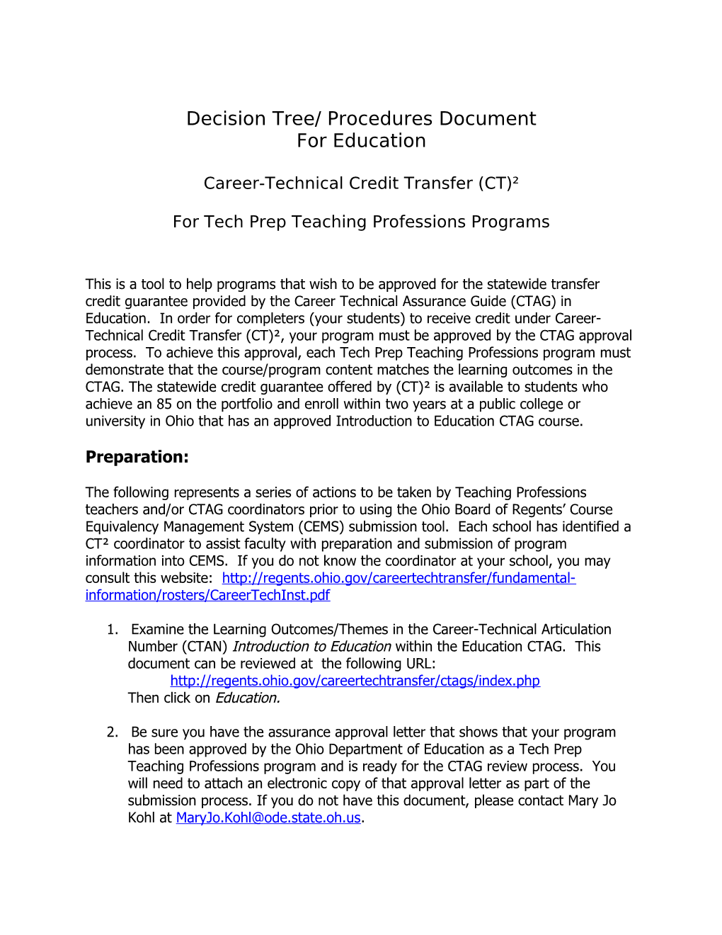 Decision Tree/ Procedures Document