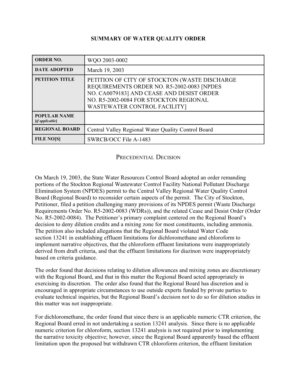 Summary of Water Quality Order s2