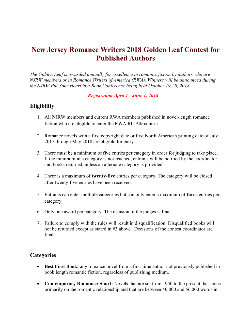 New Jersey Romance Writers 2018 Golden Leaf Contest for Published Authors