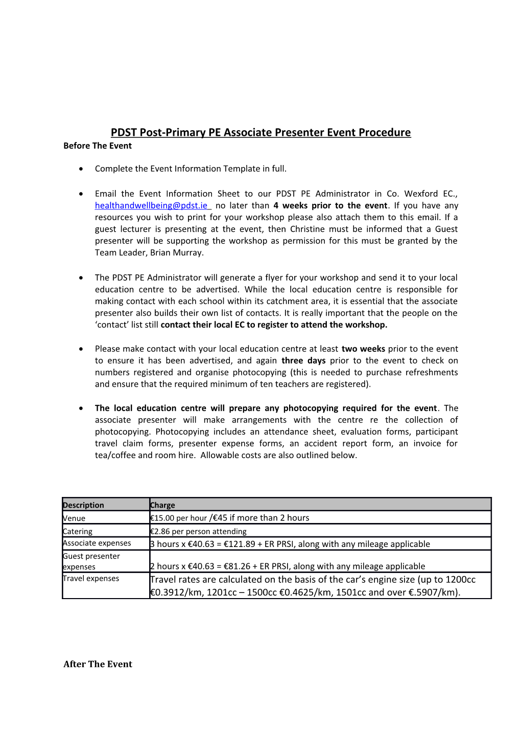 PDST Post-Primary PE Associate Presenter Event Procedure