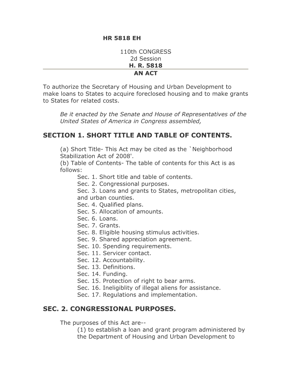Section 1. Short Title and Table of Contents
