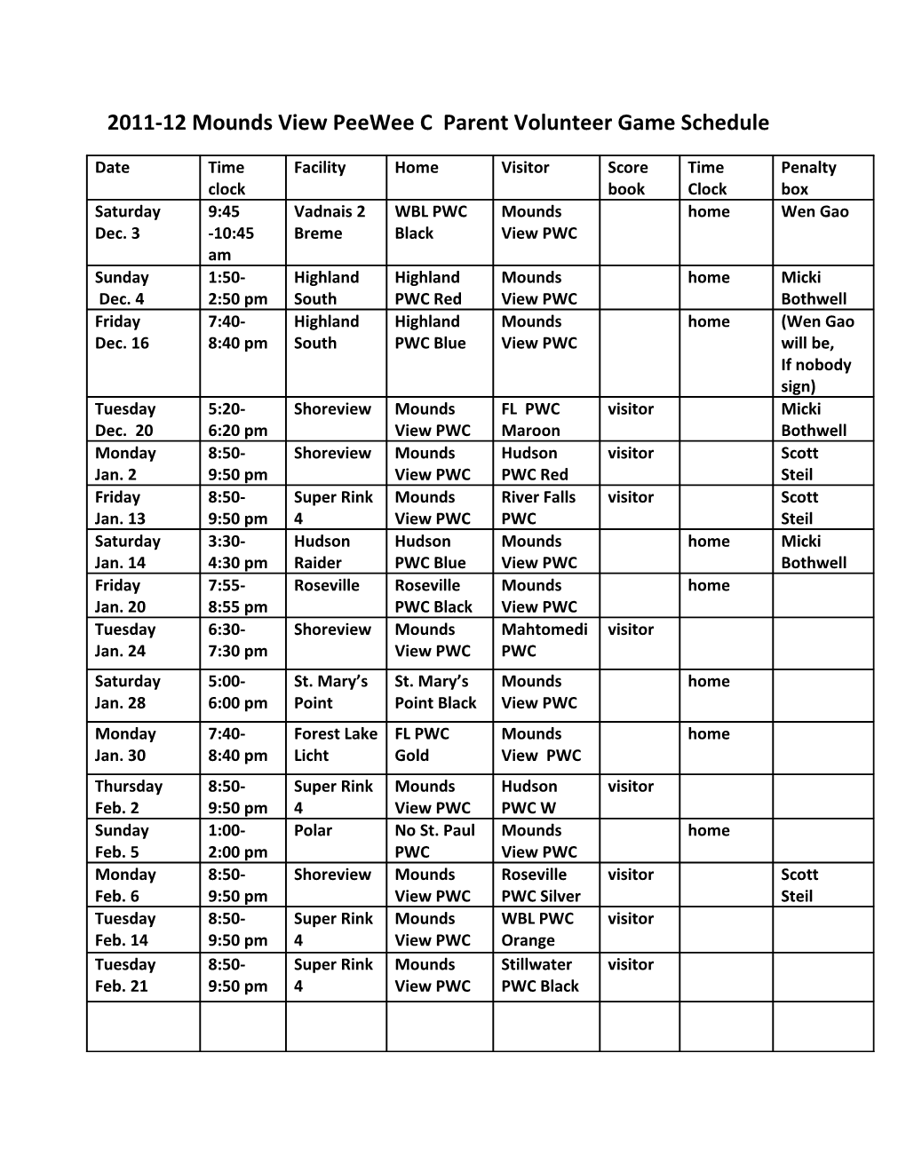 2011-12Mounds View Peewee C Parent Volunteer Gameschedule