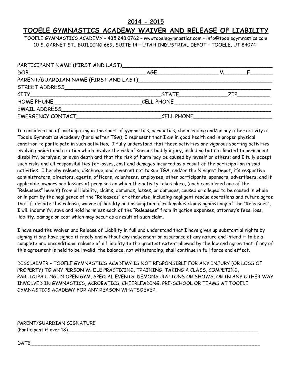 Tooele Gymnastics Academy Waiver and Release of Liability