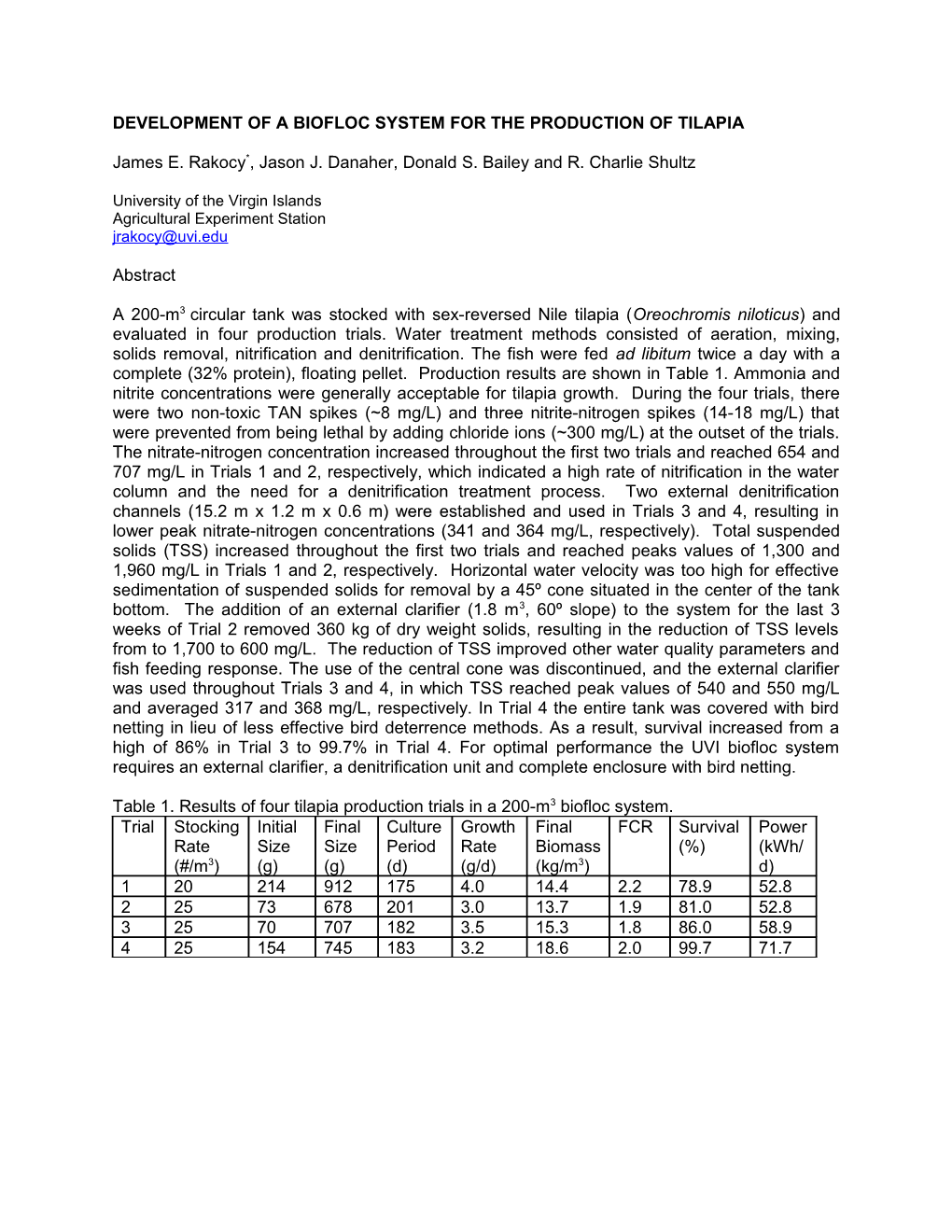 Development of a Biofloc System for the Production of Tilapia