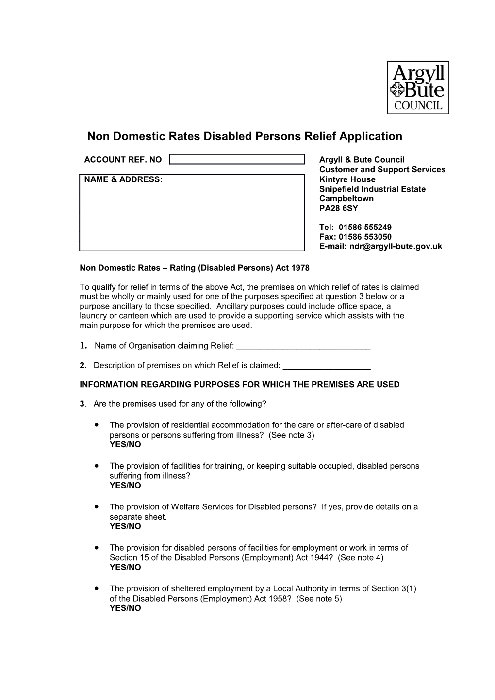 Non Domestic Rates Disabled Persons Relief Application