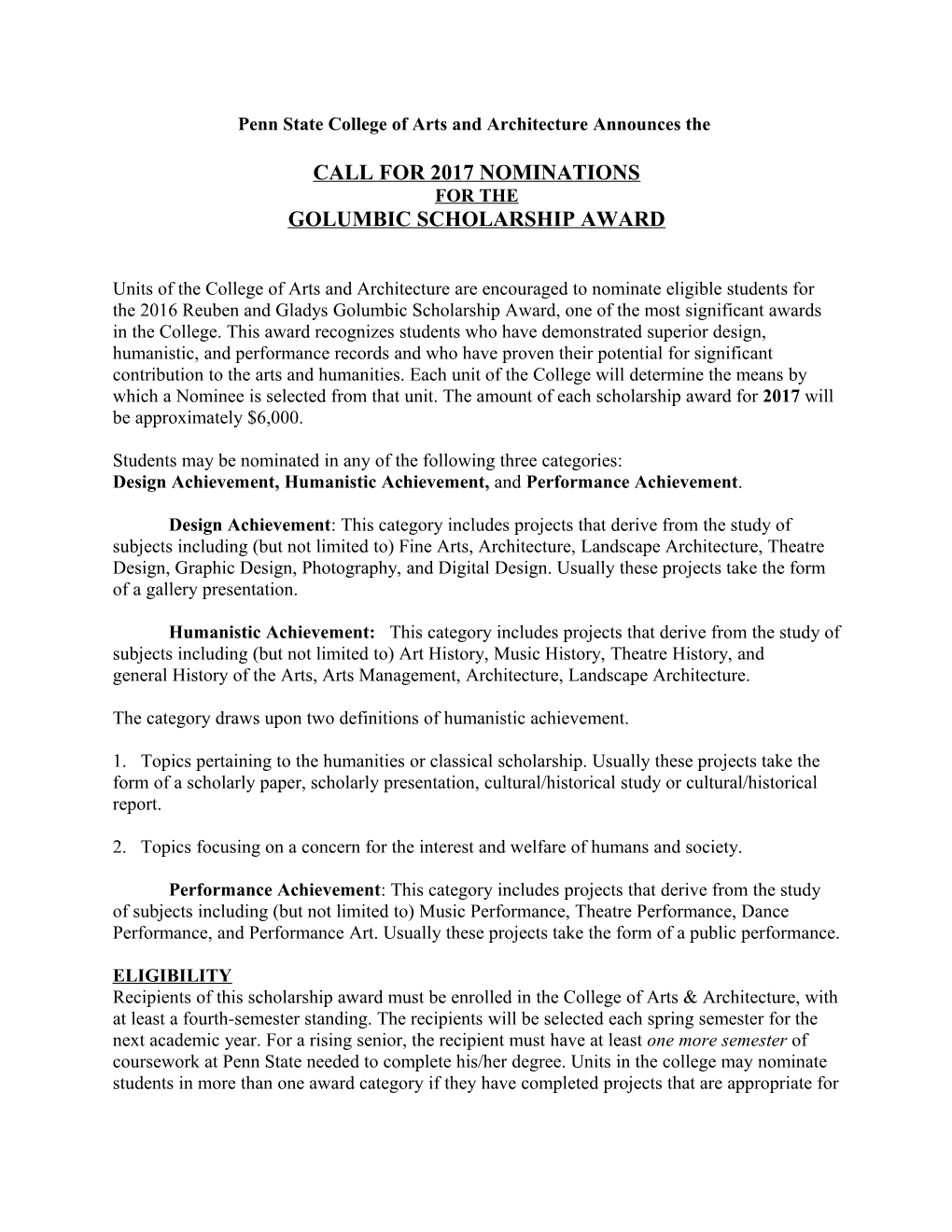 Call for 2010 Nominations for the Golumbic Scholarship Award