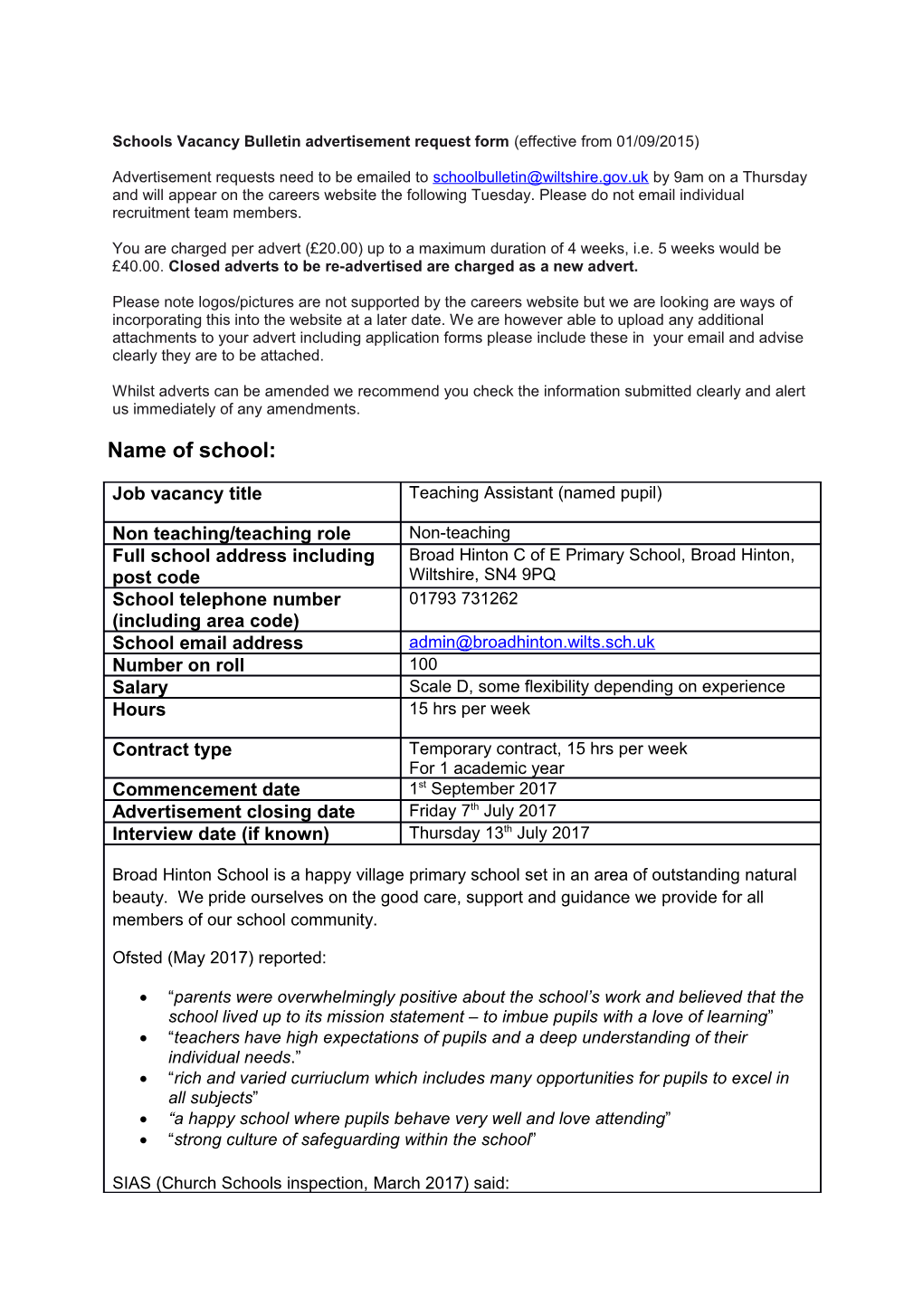 Schools Vacancy Bulletin Advertisement Request Form (Effective from 01/09/2015)