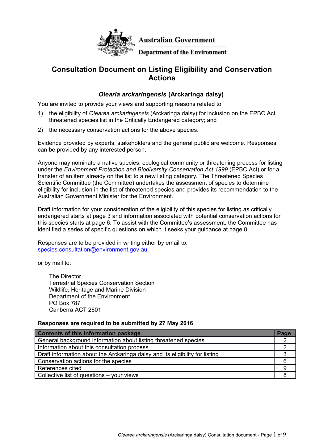 Consultation Document on Listing Eligibility and Conservation Actions Olearia Arckaringensis