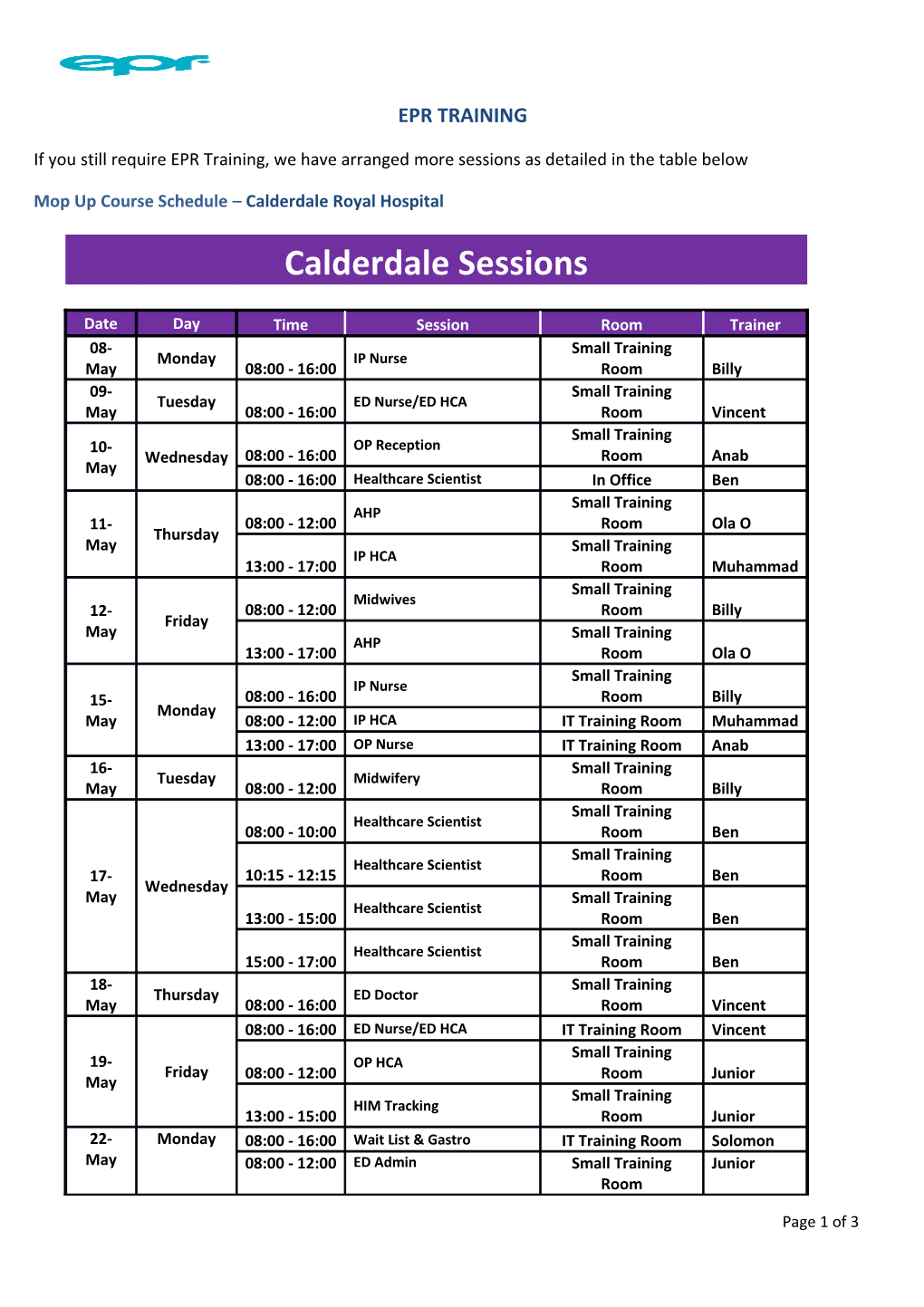 Mop up Course Schedule Calderdale Royal Hospital