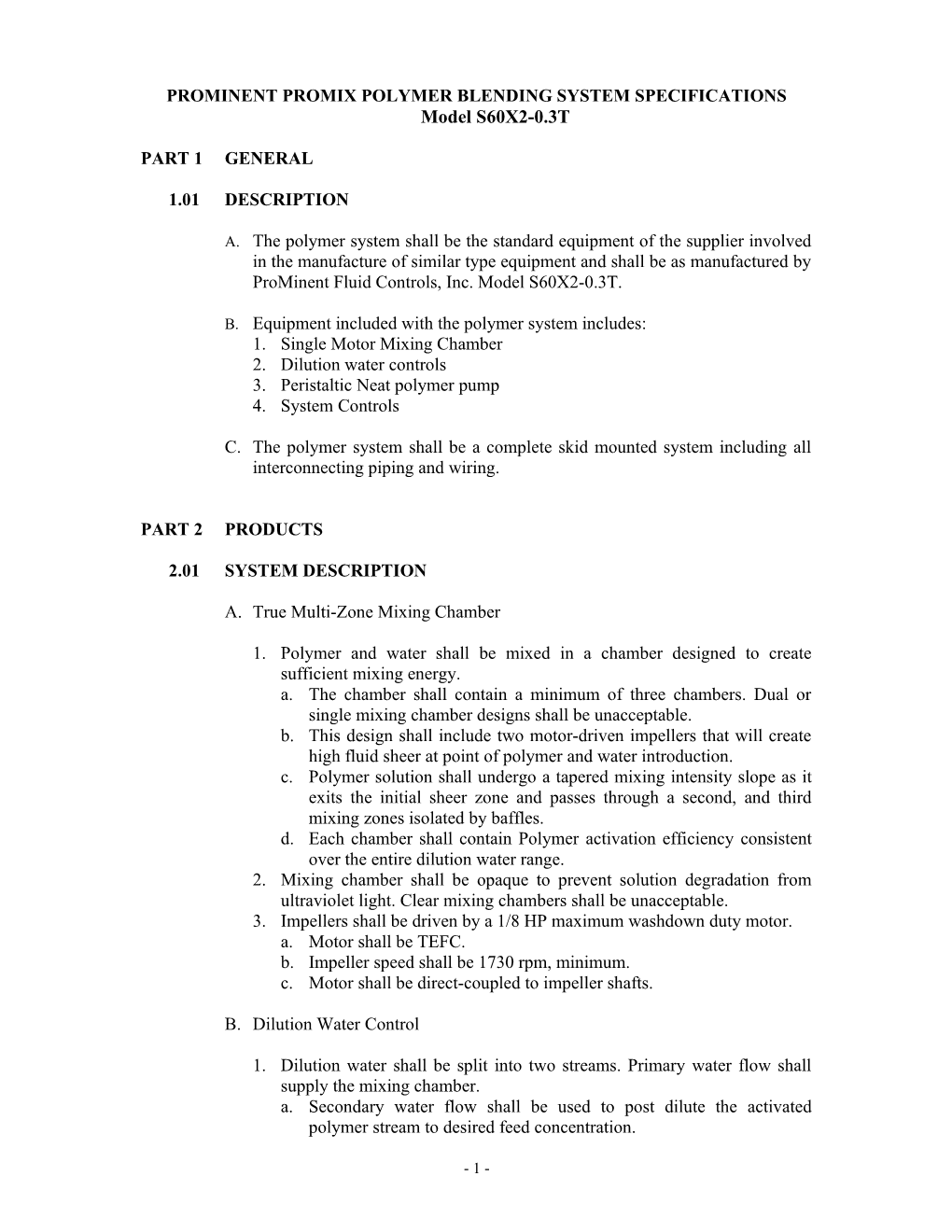 Prominent Promix Polymer Blending System Specifications