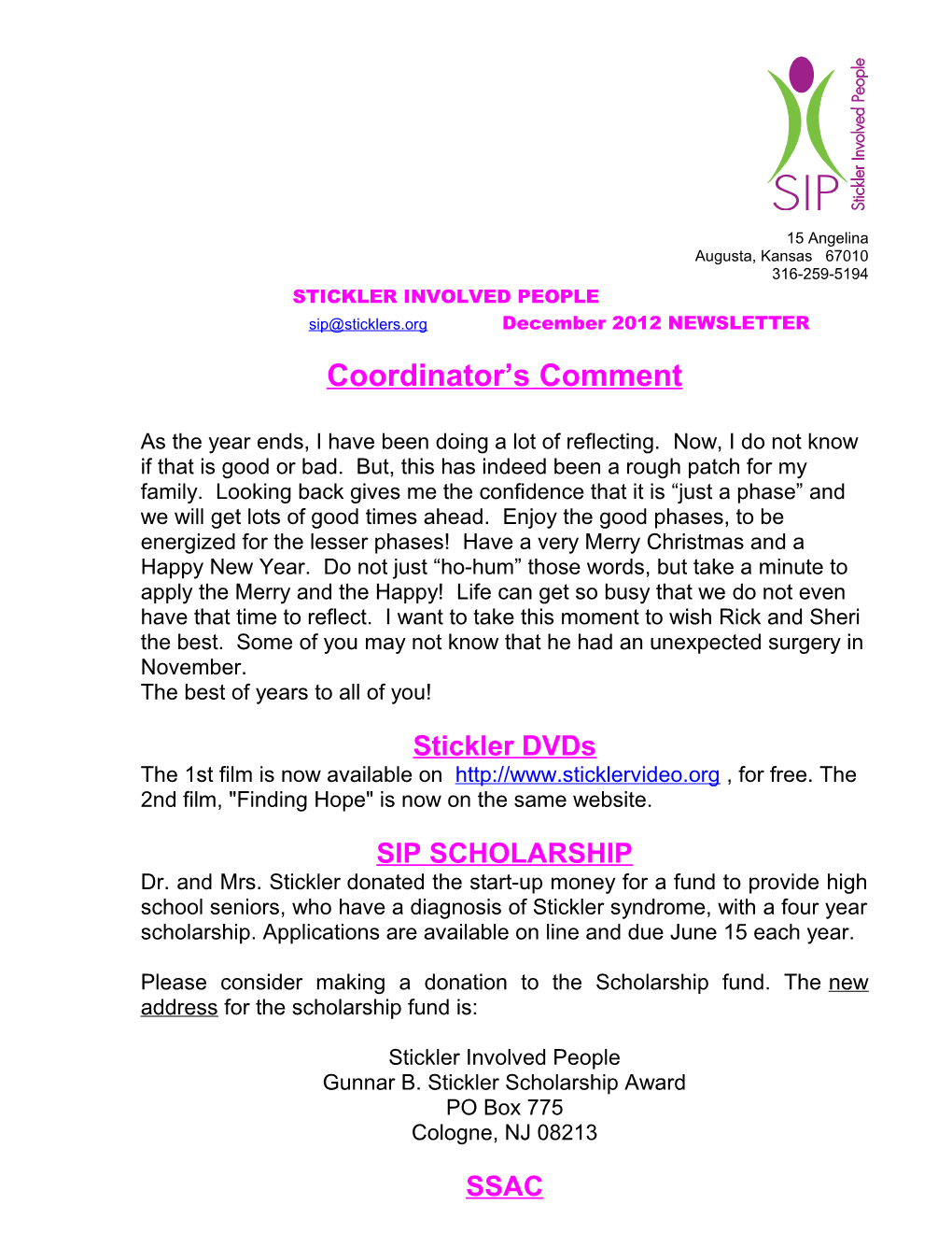 STICKLER INVOLVED PEOPLE December 2012 NEWSLETTER