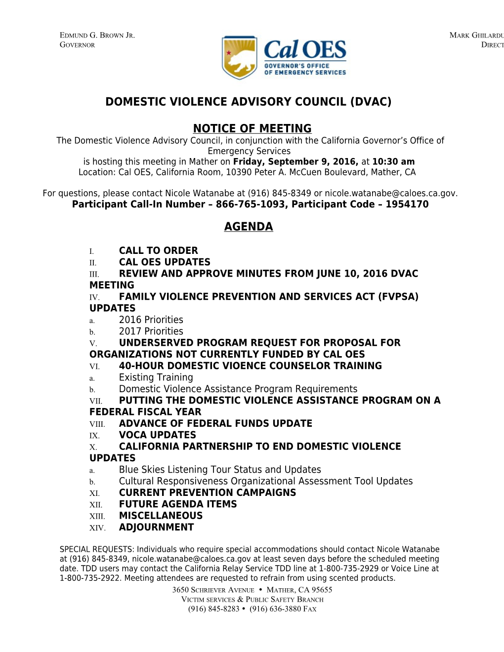 Domestic Violence Advisory Council (DVAC) Notice of Meeting - September 9, 2016