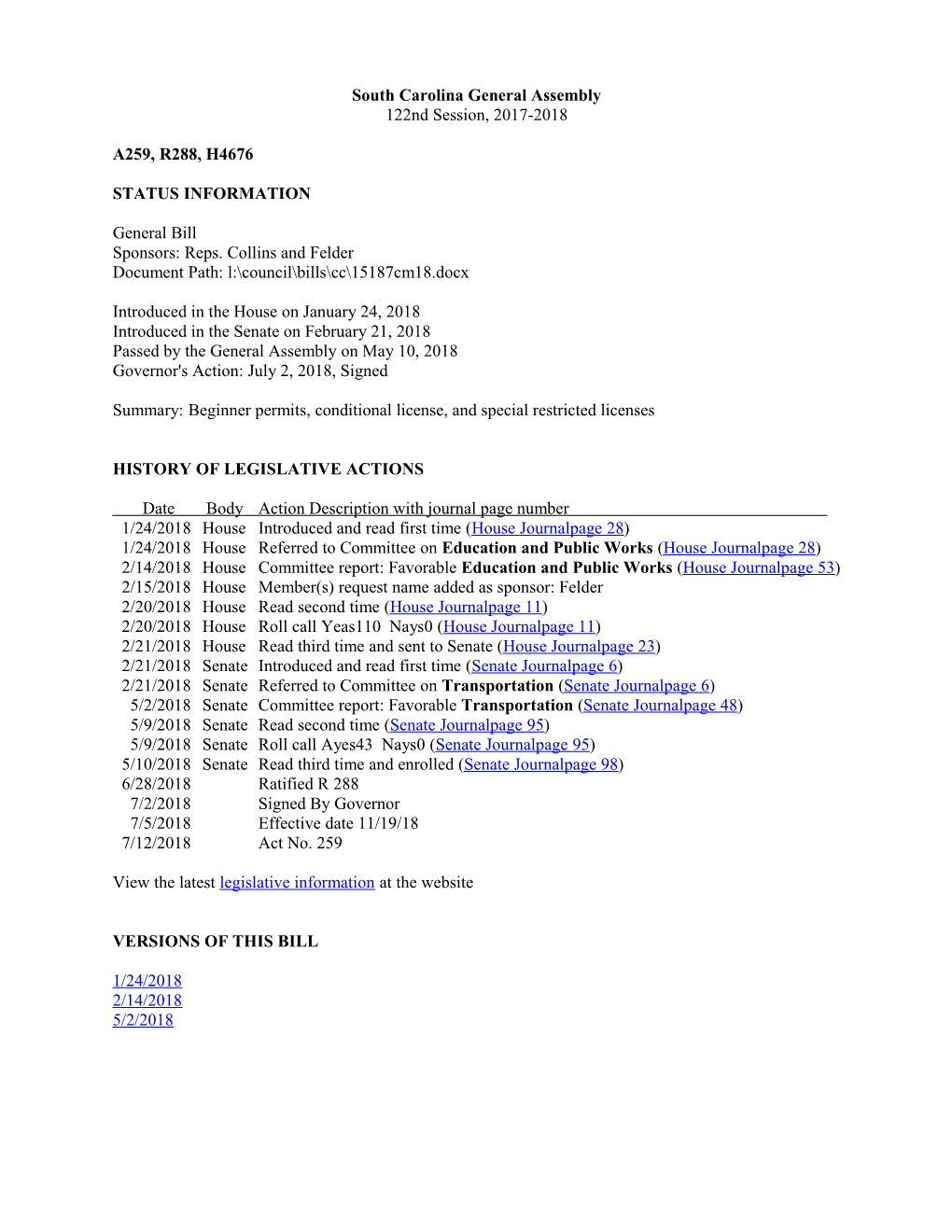 2017-2018 Bill 4676: Beginner Permits, Conditional License, and Special Restricted Licenses