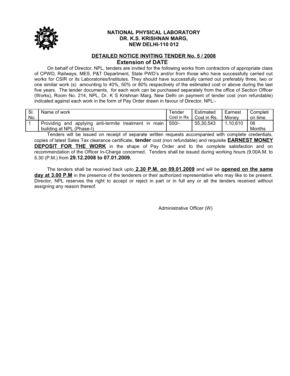 DETAILED NOTICE INVITING TENDER No. 5 / 2008